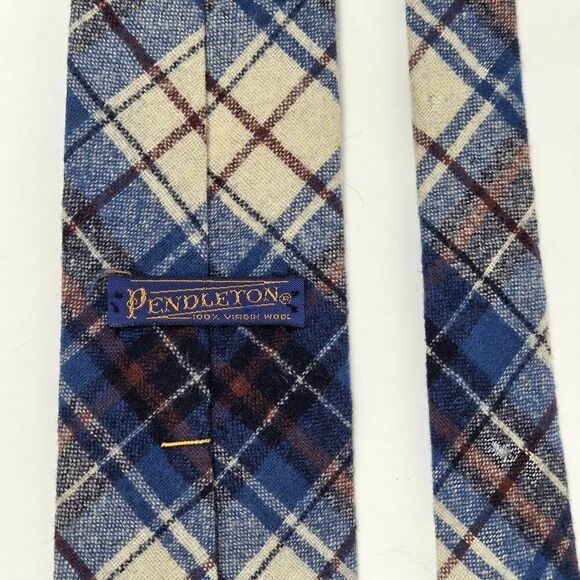 PENDLETON WOOL TIE BLUE BROWN CREAM TARTAN PLAID KNIT VINTAGE 3.25" X 57" - Picture 3 of 3